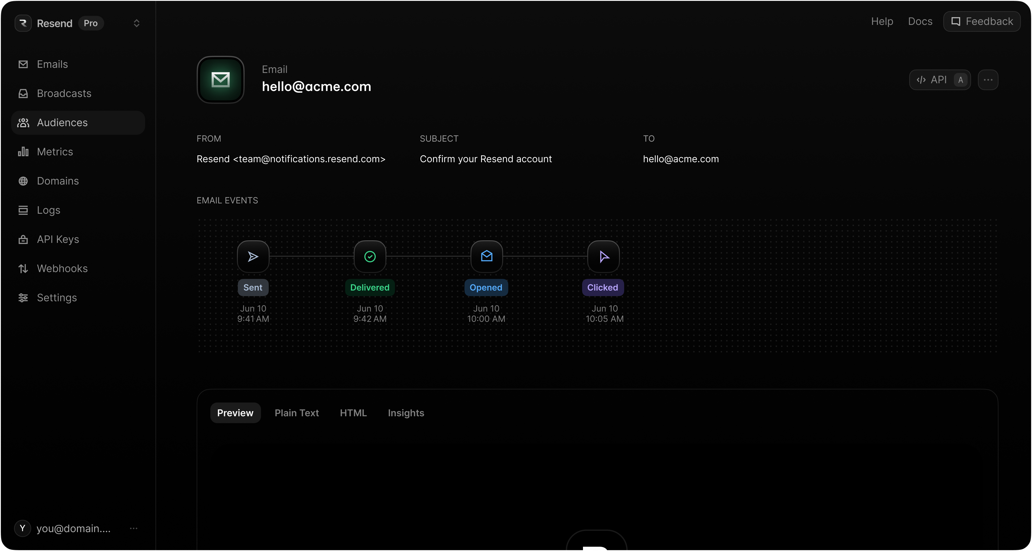 Resend Dashboard - Email Events
